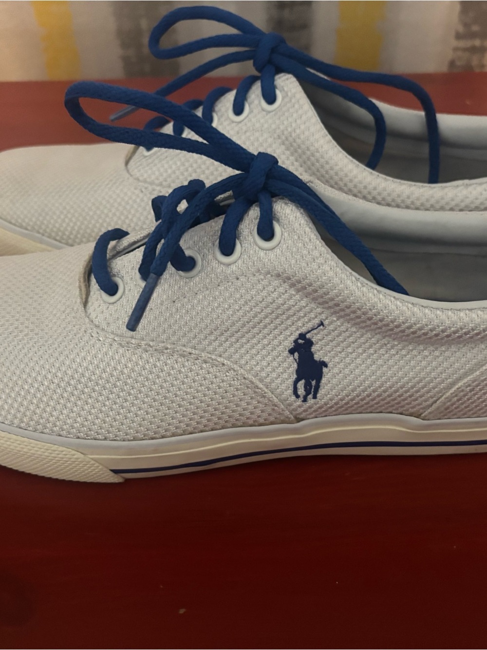 Polo by Ralph Lauren Men’s White Canvas Sneakers with Blue Laces and Logo